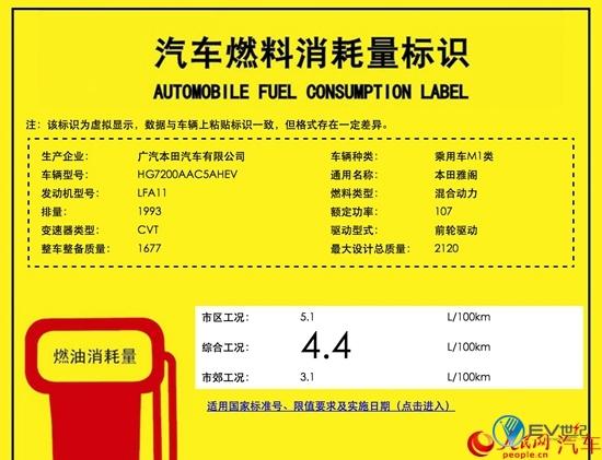 国产雅阁混动版动力参数曝光 百公里油耗4.2L