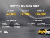 零跑T03正式上市 补贴后售价6.58-7.58万元