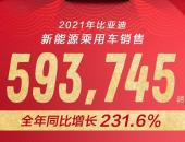 比亚迪乘用车2021年销73万辆，新能源连创中国月销、年销纪录